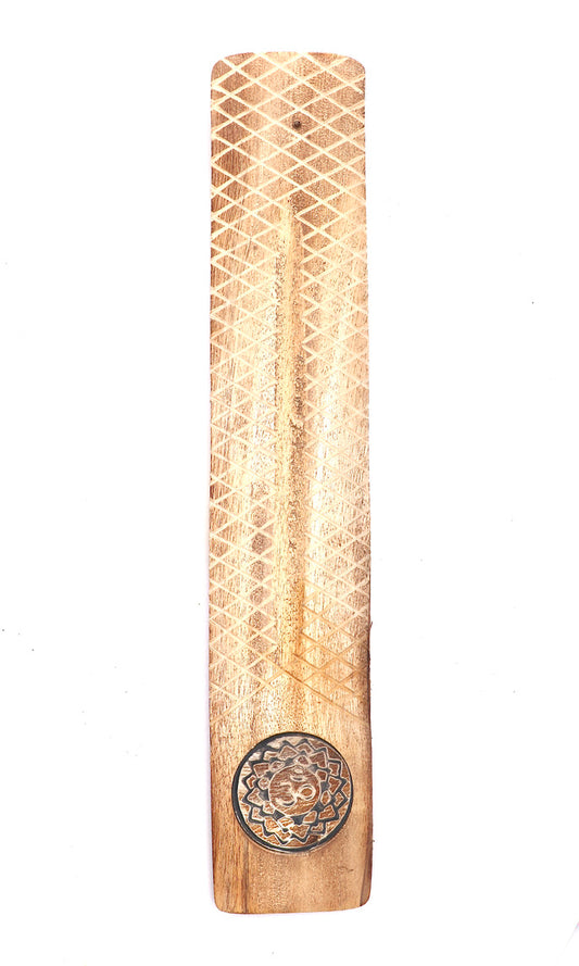Engraved Wood Incense Holder with Om Lotus
