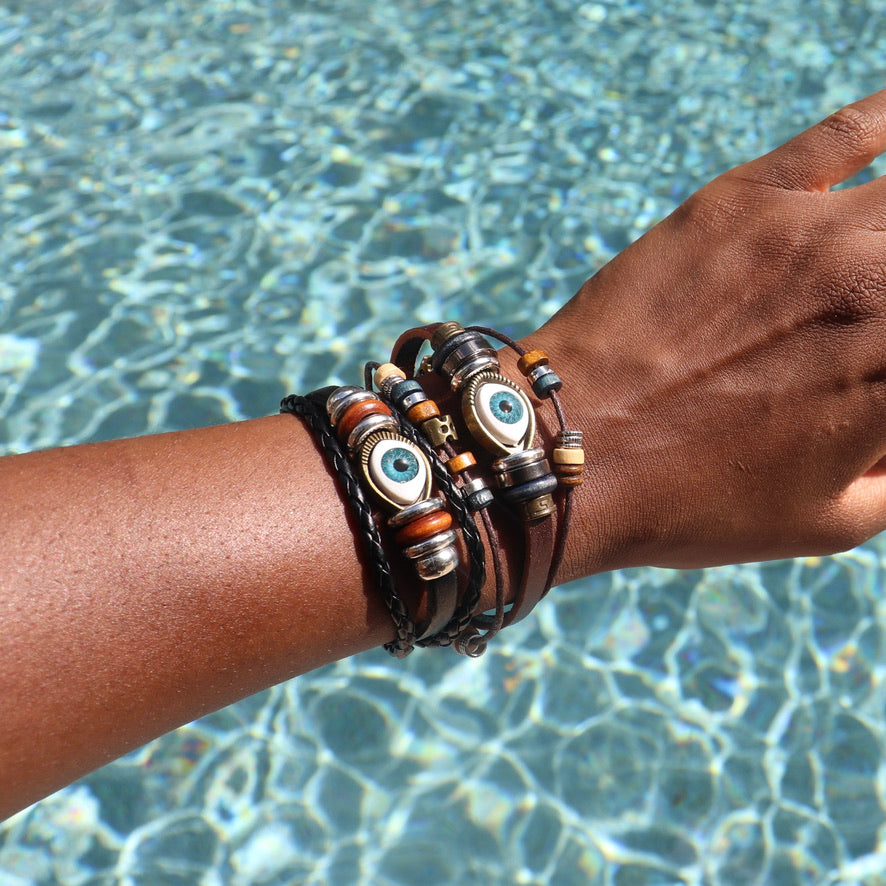 black brown evil eye leather adjustable bracelet with charms