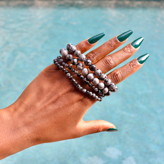 4 mm and 8 mm snowflake obsidian bracelets