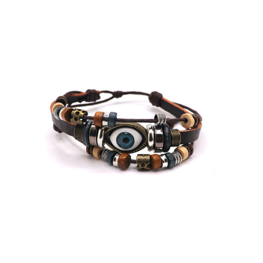 black brown evil eye leather adjustable bracelet with charms