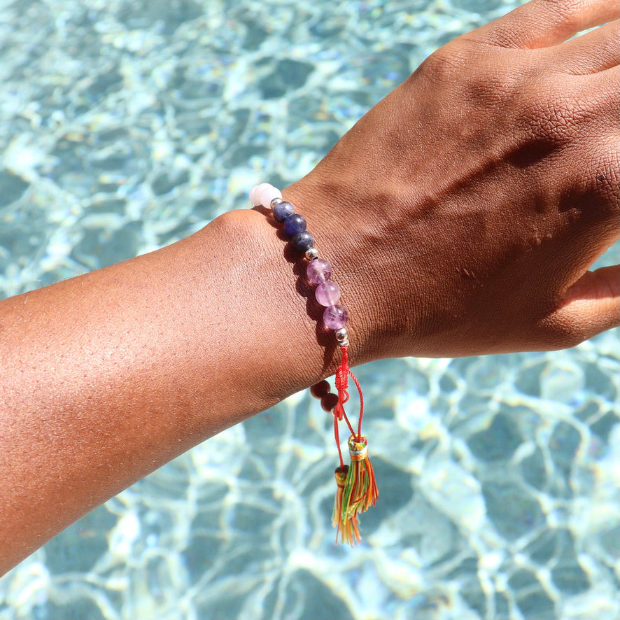7 Chakra Adjustable Bracelet with Tassel (6 mm Round Gemstones)