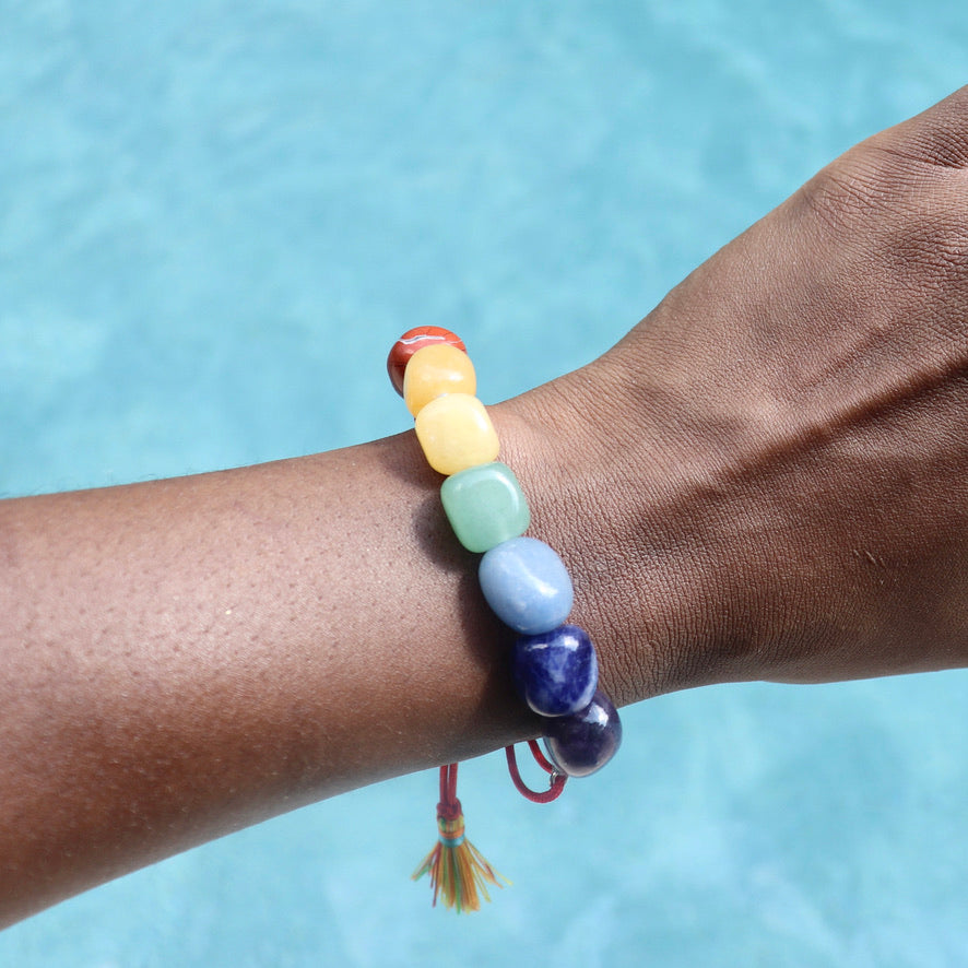 7 chakra tumbled stone adjustable bracelet with tassels
