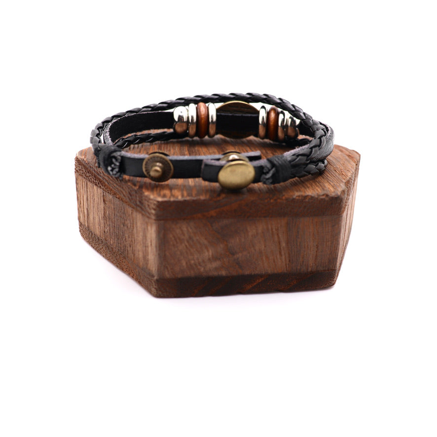 black brown evil eye leather adjustable bracelet with charms