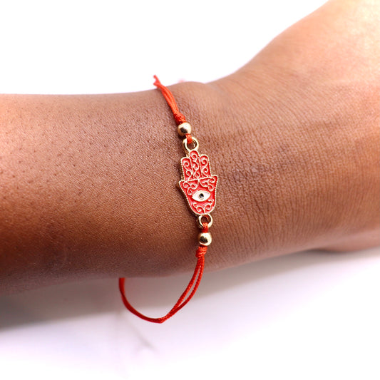 Gold Fatima Hand with Evil Eye Adjustable Bracelet red