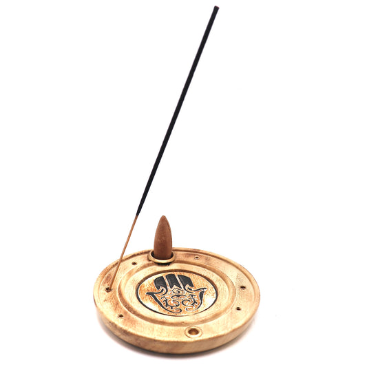 wooden Fatima hand incense stick and cone burner with brass inlays