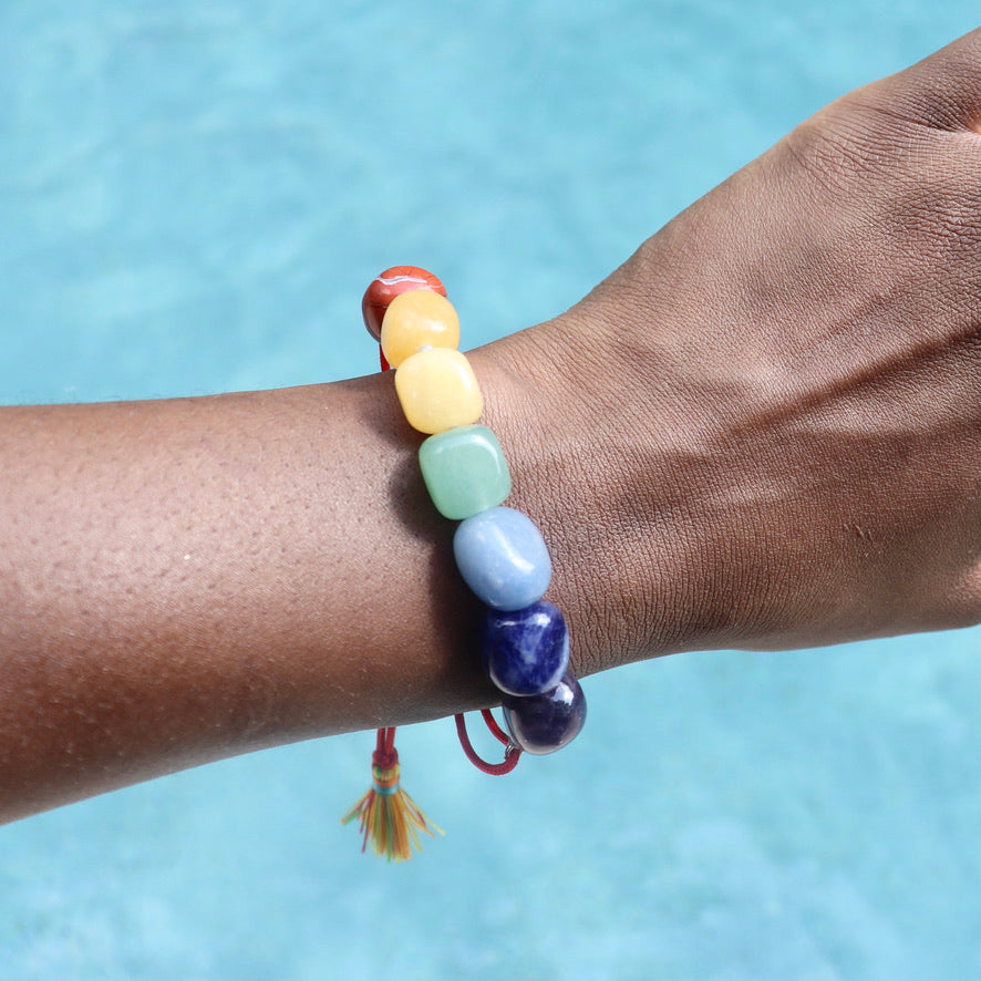 7 chakra tumbled stone adjustable bracelet with tassels