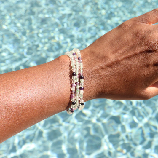 4 mm rainbow fluorite bracelet worn on African American
