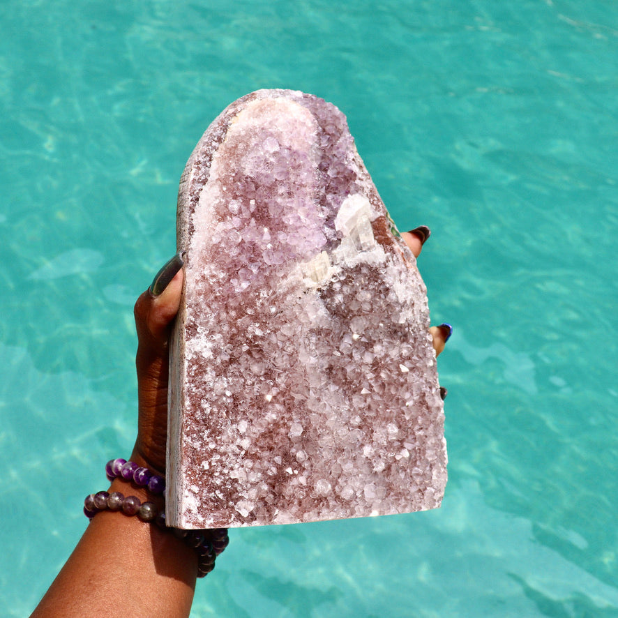 KEYSHIA (calcite inclusions) - Druzy Nebula Amethyst with Polished Edges and Cut Base