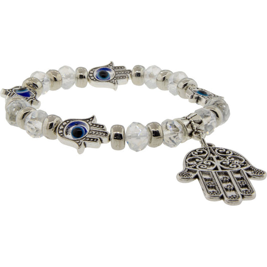 Evil Eye Fatima Hand w/ Pendant - Elastic Bracelet (Clear)