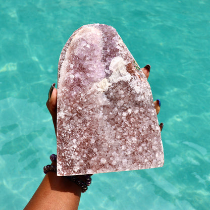KEYSHIA (calcite inclusions) - Druzy Nebula Amethyst with Polished Edges and Cut Base