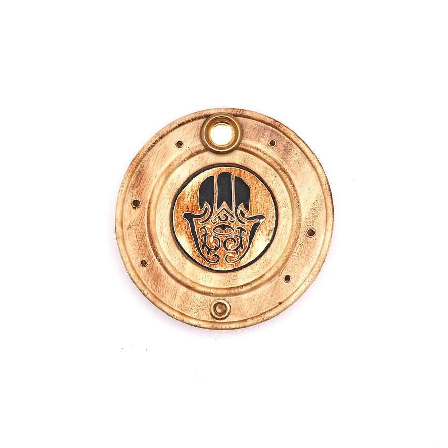 wooden fatima hand incense stick and cone burner with brass inlays