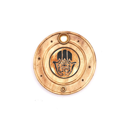 wooden fatima hand incense stick and cone burner with brass inlays