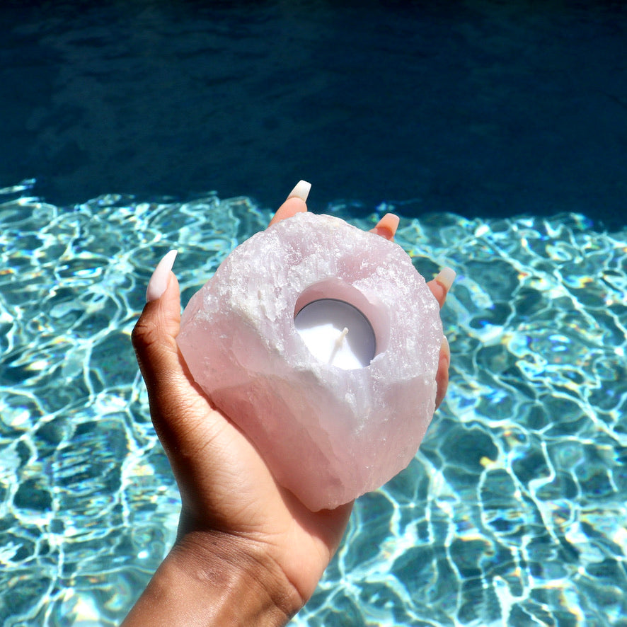Rough Rose Quartz T-Light Candle Holder