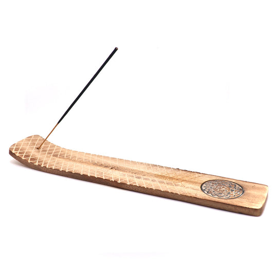Engraved Wood Incense Holder with Om Lotus