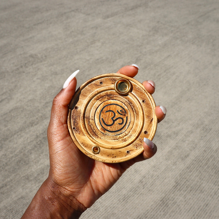 wooden om incense stick and cone burner with brass inlays
