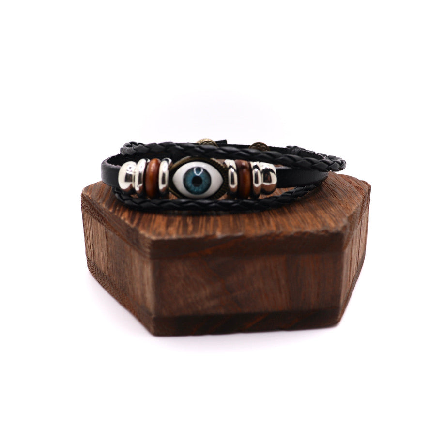 black brown evil eye leather adjustable bracelet with charms