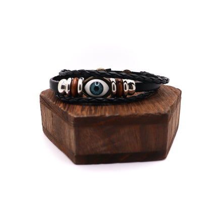 black brown evil eye leather adjustable bracelet with charms