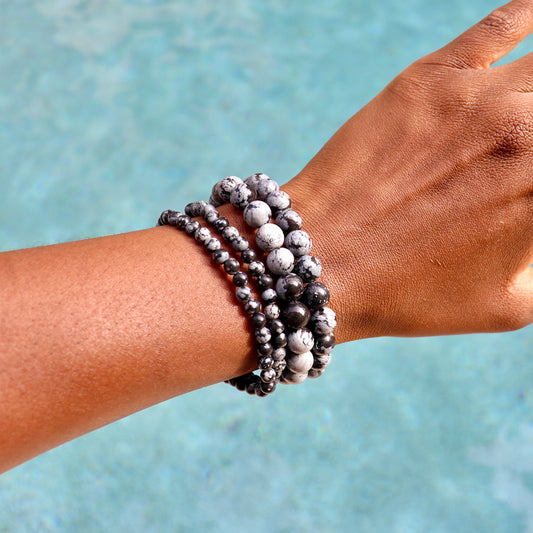 4 mm and 8 mm snowflake obsidian bracelets