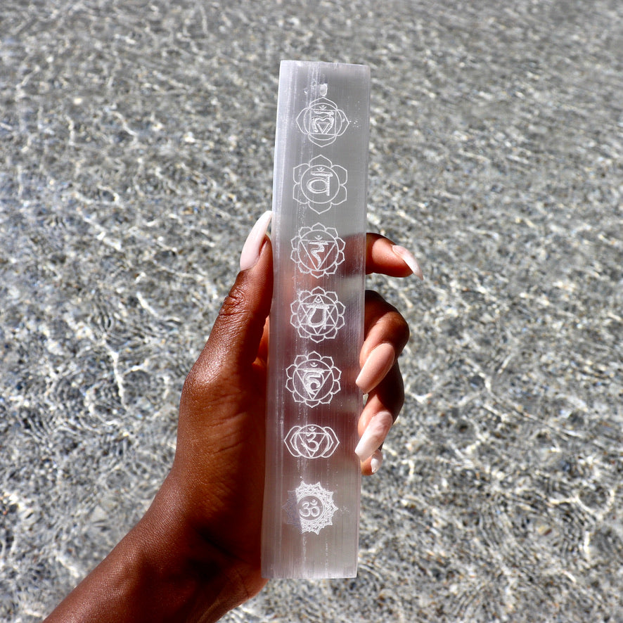 10.5" inch Selenite Incense Holder with Chakra Symbols Selenite Charging Plate