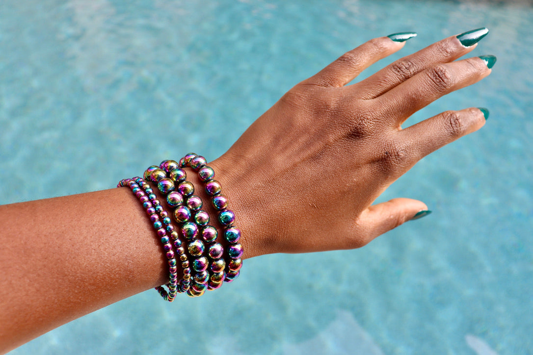 4 mm and 8 mm rainbow hematite bracelets
