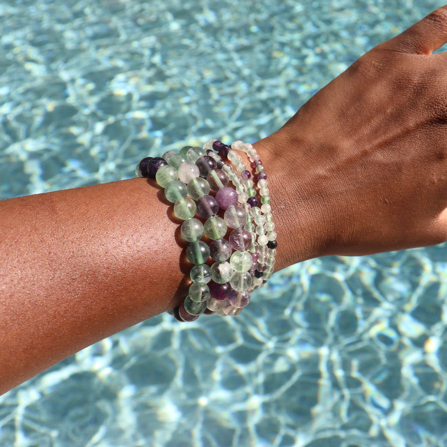 4 mm and 8 mm rainbow fluorite bracelet worn on African American