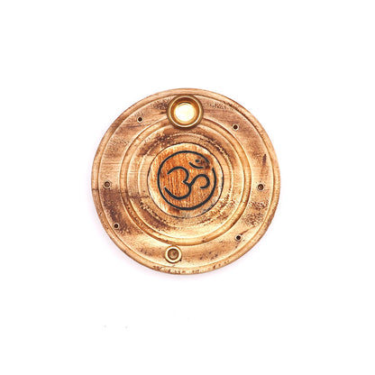 wooden om incense stick and cone burner with brass inlays