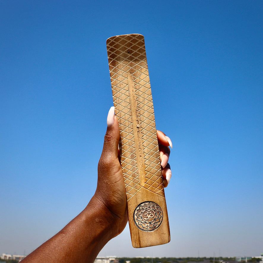 Engraved Wood Incense Holder with Om Lotus