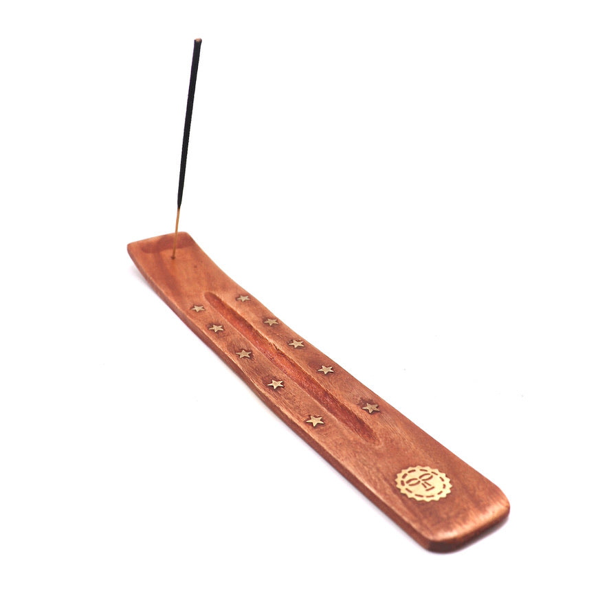 sun Wood Incense Burner with brass inlay