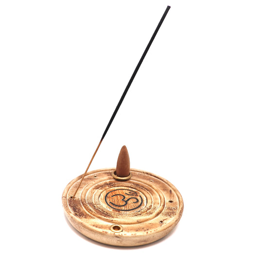 wooden om incense stick and cone burner with brass inlays