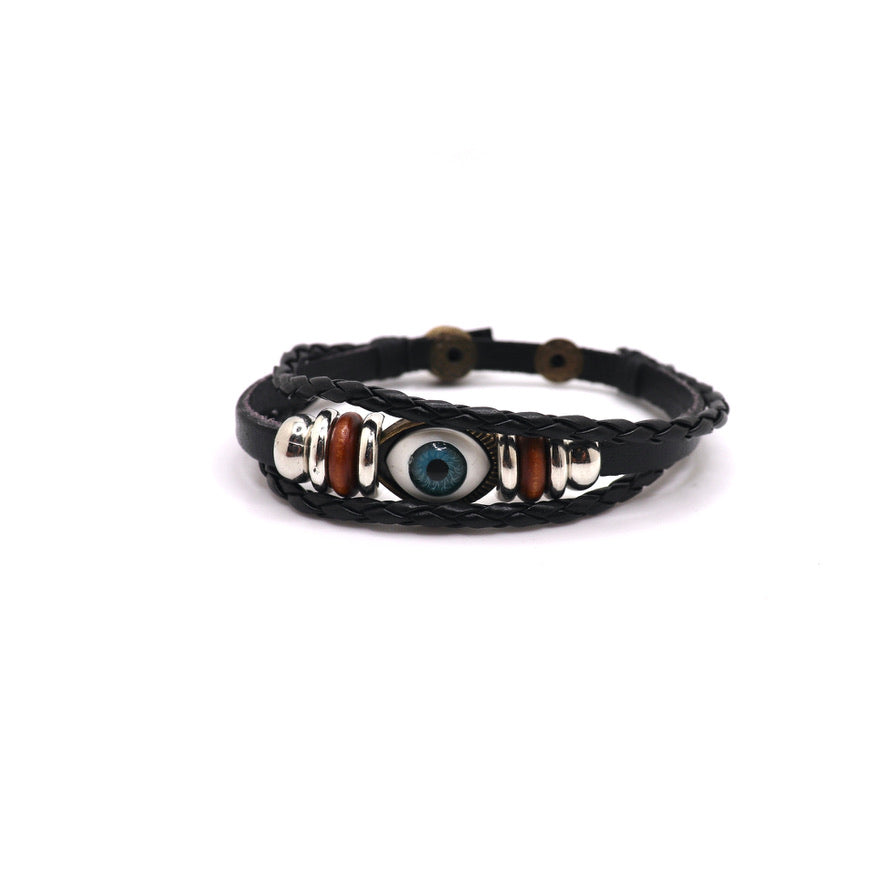 black brown evil eye leather adjustable bracelet with charms