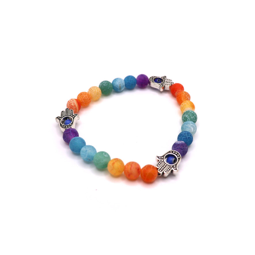 7 chakra bracelet made with cracked agate beads and fatima hand (hand of hamsa) charms